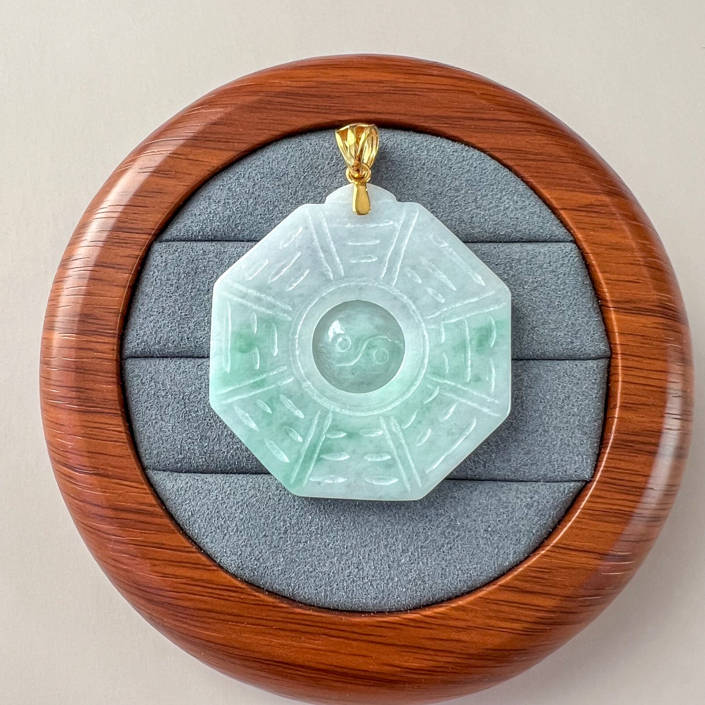 Large Green Jadeite Jade Yin Yang Pendant Ba Gua Pendant with 18K Gold Bail