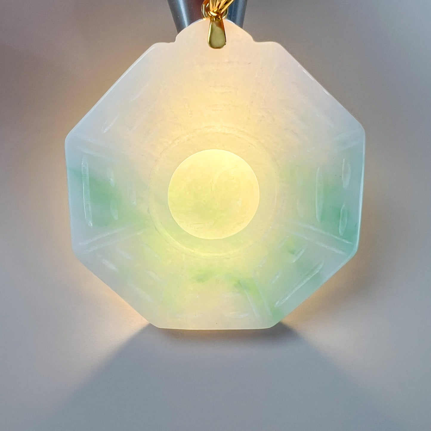 Large Green Jadeite Jade Yin Yang Pendant Ba Gua Pendant with 18K Gold Bail