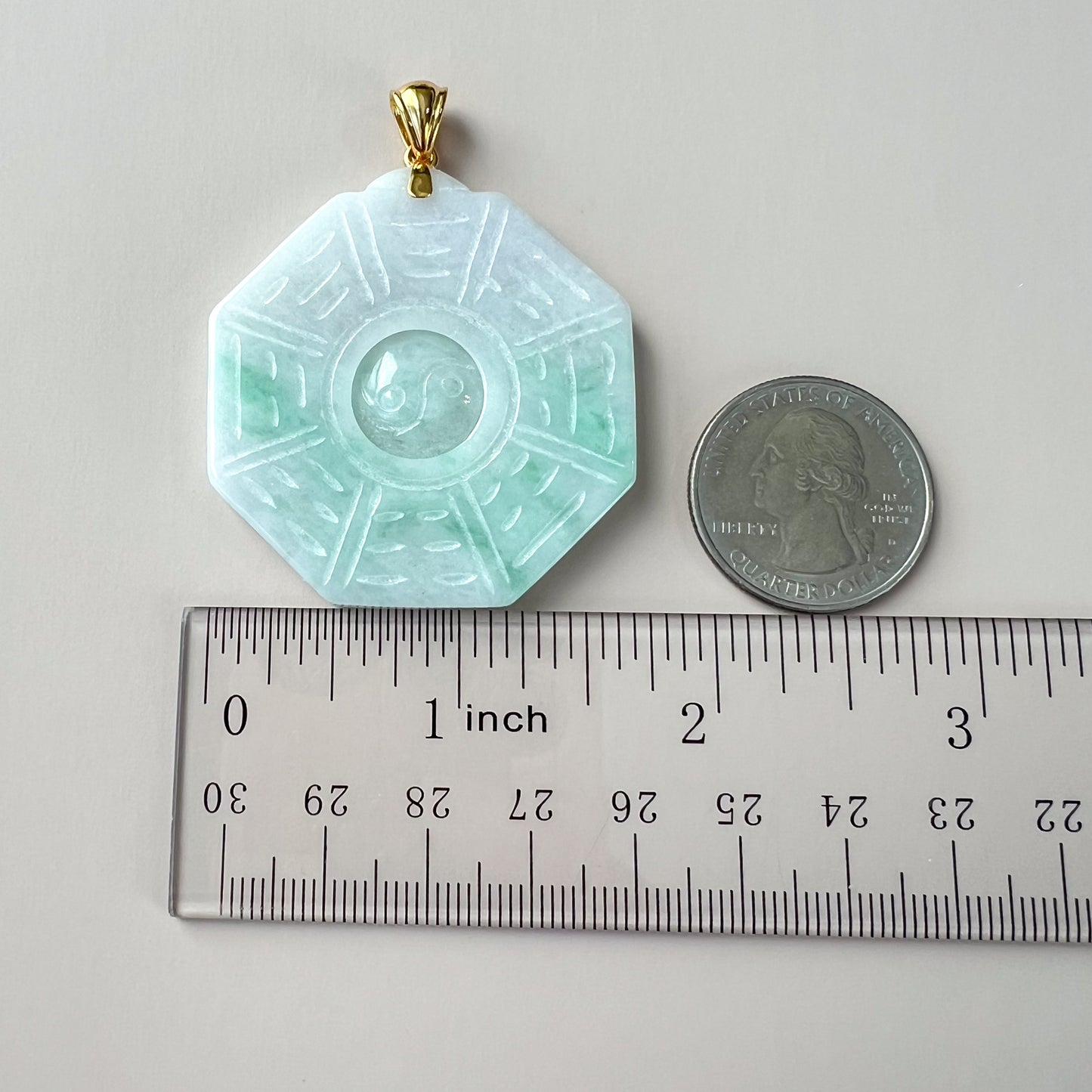 Large Green Jadeite Jade Yin Yang Pendant Ba Gua Pendant with 18K Gold Bail