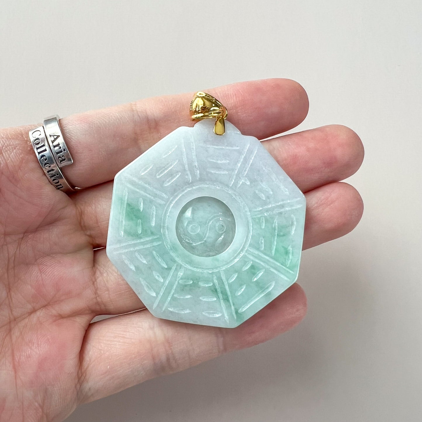 Large Green Jadeite Jade Yin Yang Pendant Ba Gua Pendant with 18K Gold Bail