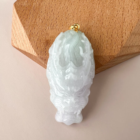 Flowing Clouds Dragon Head Jadeite Jade Pendant with 18K Gold