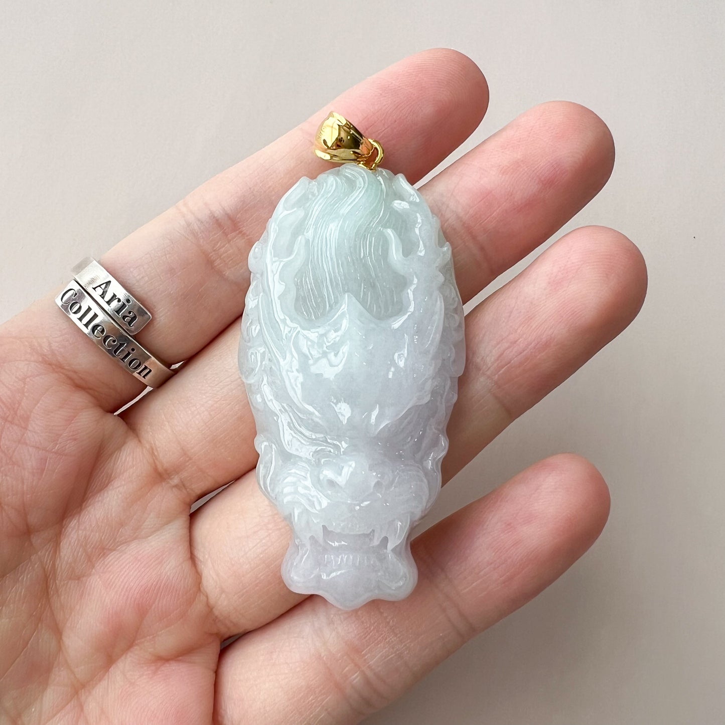 Flowing Clouds Dragon Head Jadeite Jade Pendant with 18K Gold