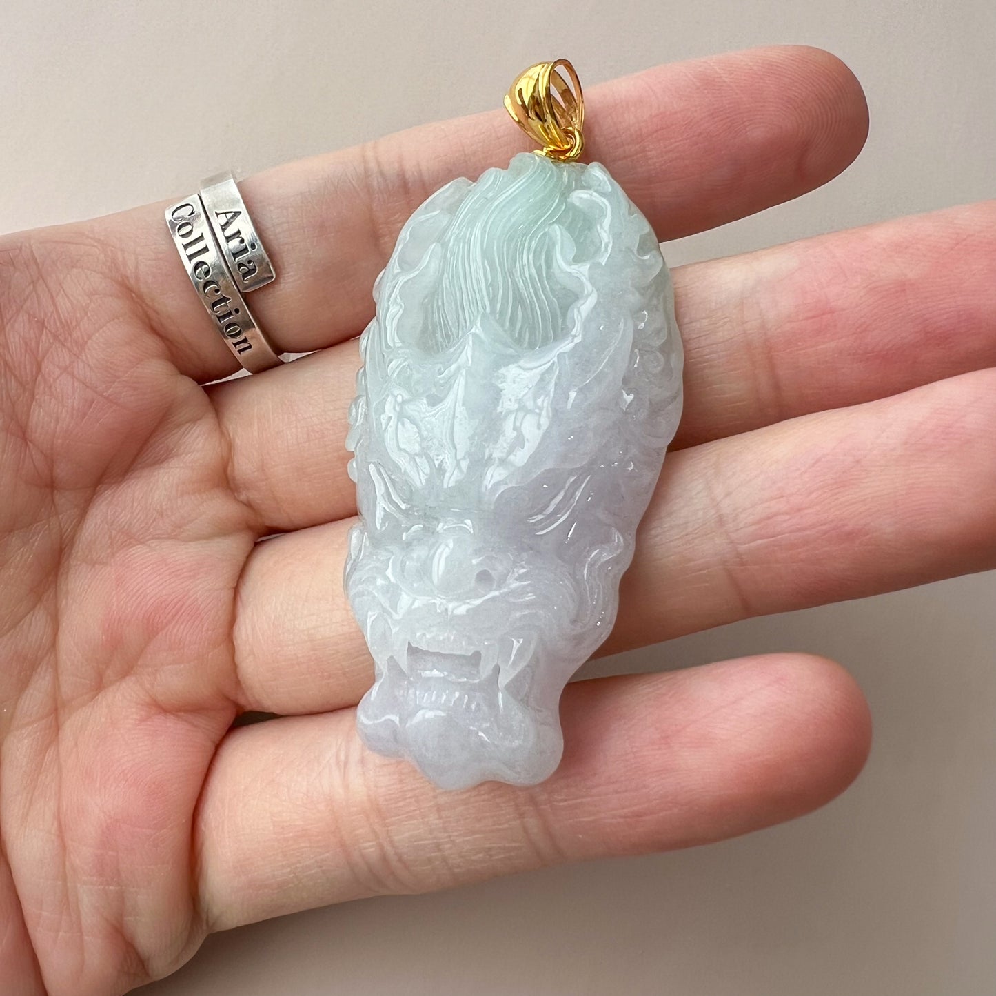 Flowing Clouds Dragon Head Jadeite Jade Pendant with 18K Gold
