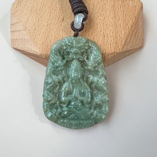 Green Jadeite Jade Guan Yin Kwan Yin Protected by Dragons Avalokitesvara Carved Pendant, BGC-1222-0020301