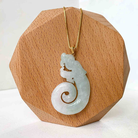 Jade Twisted Dragon Pendant with 18K Gold, White Jadeite Jade Zodiac Hand Carved Pendant