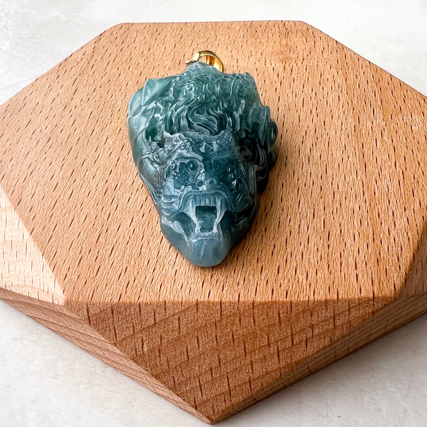 Green Dragon Head Jade Pendant, Jadeite Jade Hand Carved Pendant with 18K Solid Gold Bail, NVN-0424-1736015025