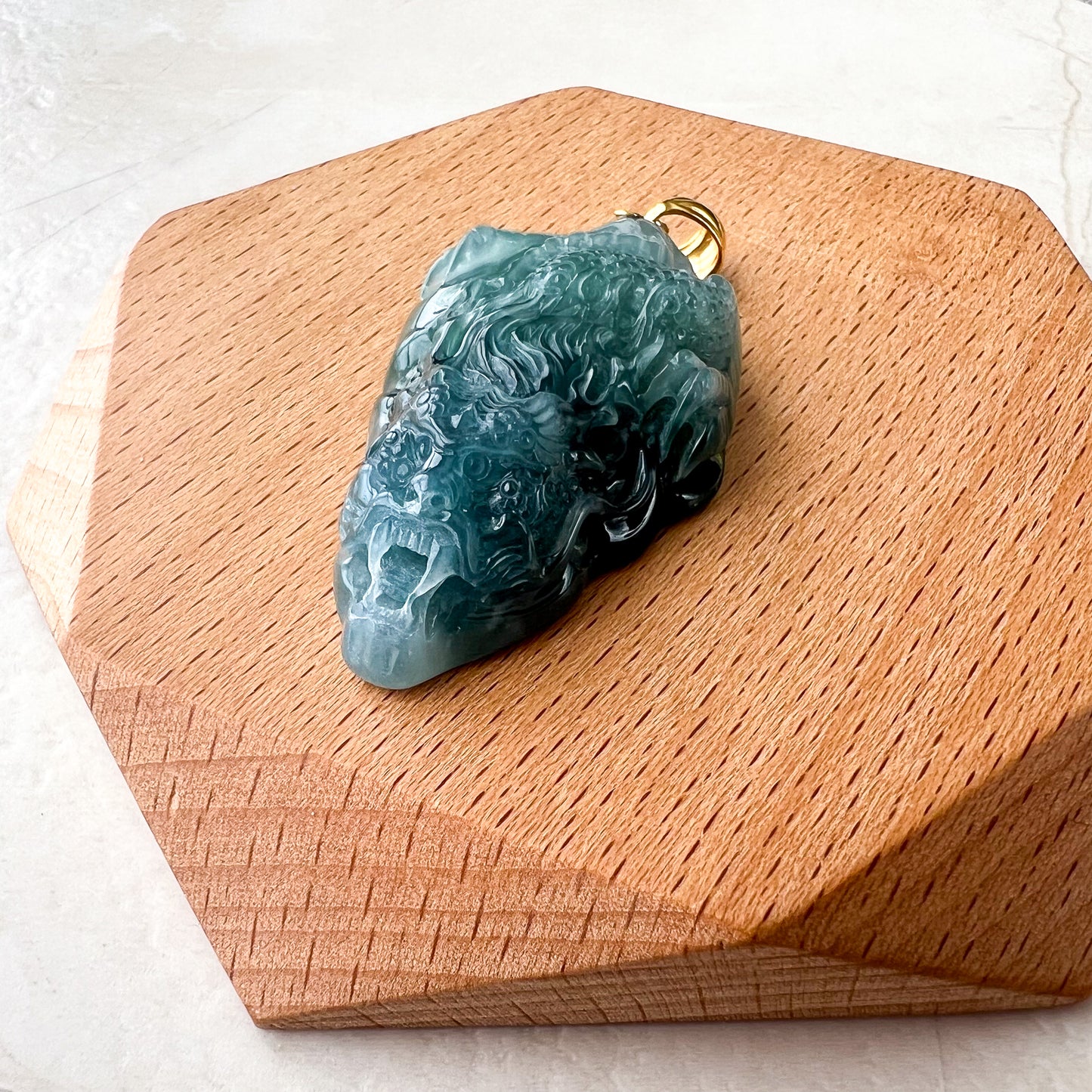 Green Dragon Head Jade Pendant, Jadeite Jade Hand Carved Pendant with 18K Solid Gold Bail, NVN-0424-1736015025