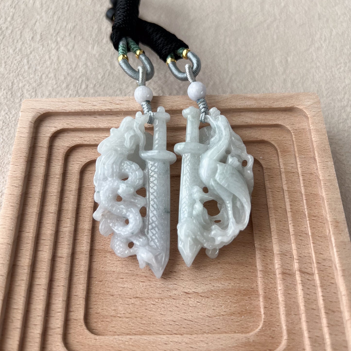 Dragon and Phoenix Sword Pair Pendants, Jadeite Jade Dragon Phoenix Pendant Necklace, ZYF-0222-1719610044