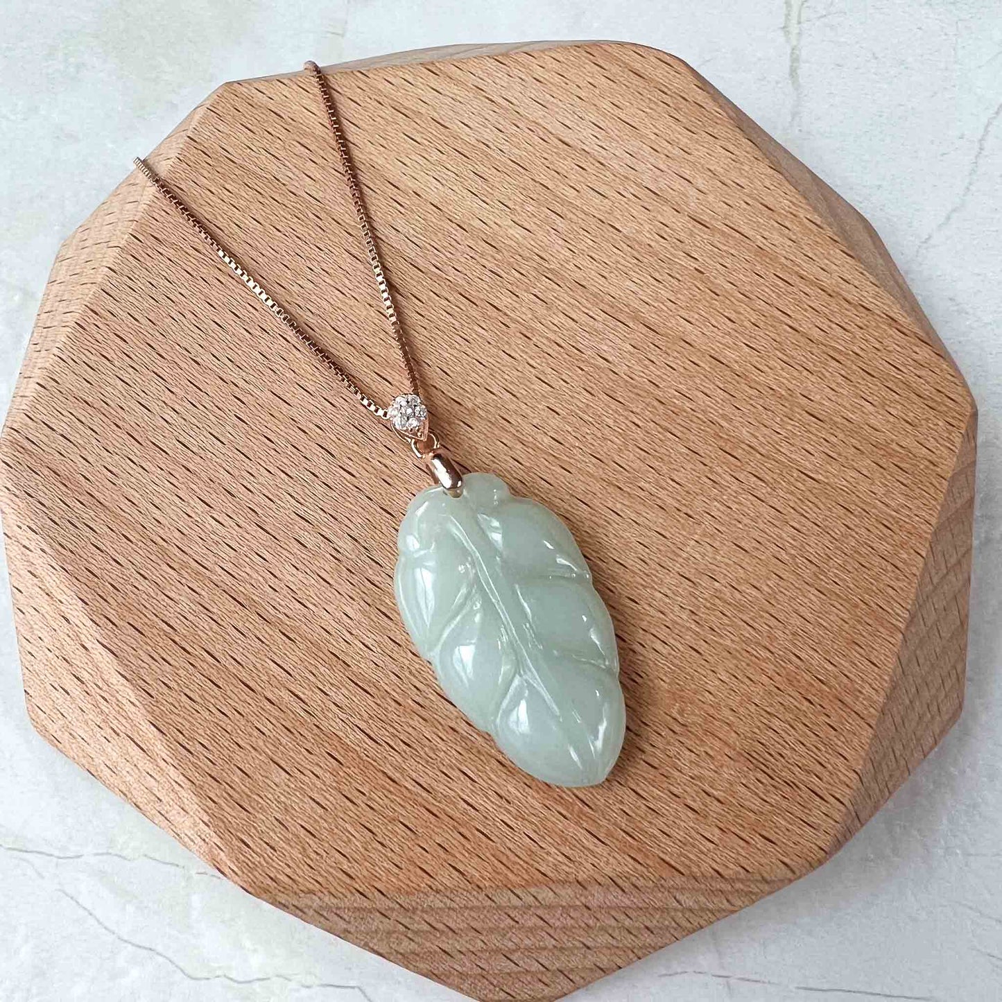 Jade Leaf, Light Green Yellow Jade Nephrite Jade, Leaf Minimalist Pendant Rose Gold Plated Sterling Silver Necklace, YS-0722-HY38529634030