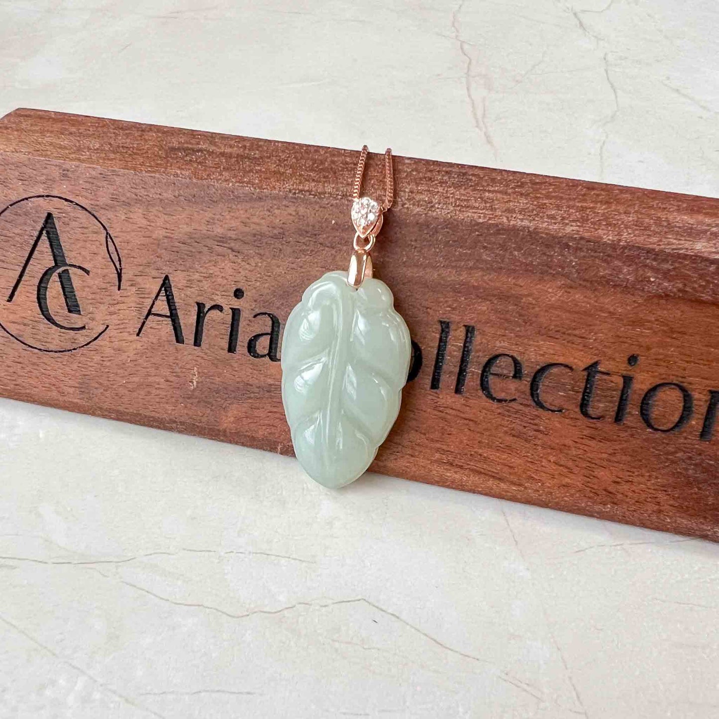 Jade Leaf, Light Green Yellow Jade Nephrite Jade, Leaf Minimalist Pendant Rose Gold Plated Sterling Silver Necklace, YS-0722-HY38529634030