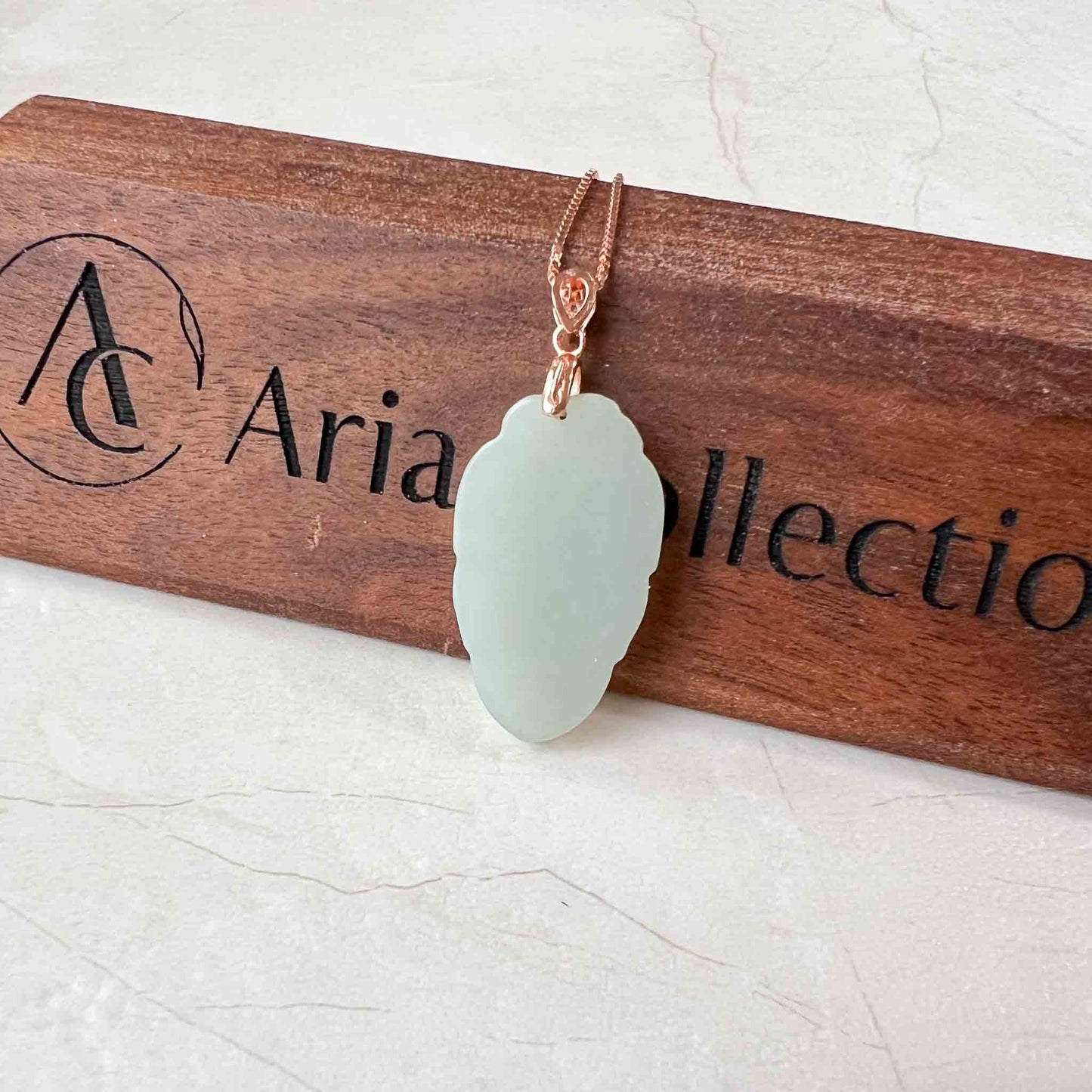Jade Leaf, Light Green Yellow Jade Nephrite Jade, Leaf Minimalist Pendant Rose Gold Plated Sterling Silver Necklace, YS-0722-HY38529634030