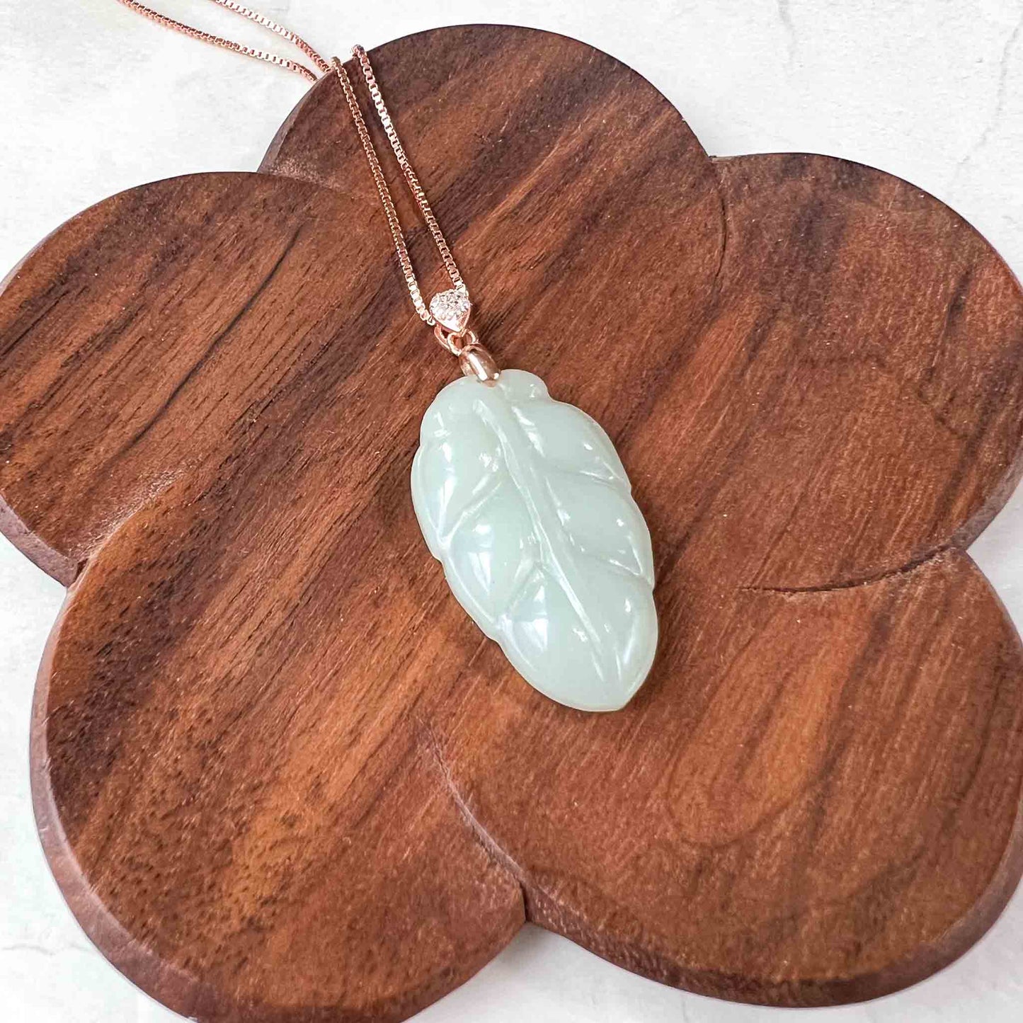 Jade Leaf, Light Green Yellow Jade Nephrite Jade, Leaf Minimalist Pendant Rose Gold Plated Sterling Silver Necklace, YS-0722-HY38529634030