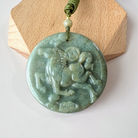 Green Horse Jade Jadeite Chinese Zodiac Carved Pendant Necklace, YJ-0322-0319663