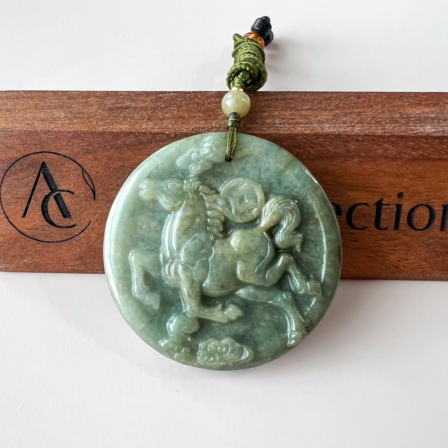 Green Horse Jade Jadeite Chinese Zodiac Carved Pendant Necklace, YJ-0322-0319663