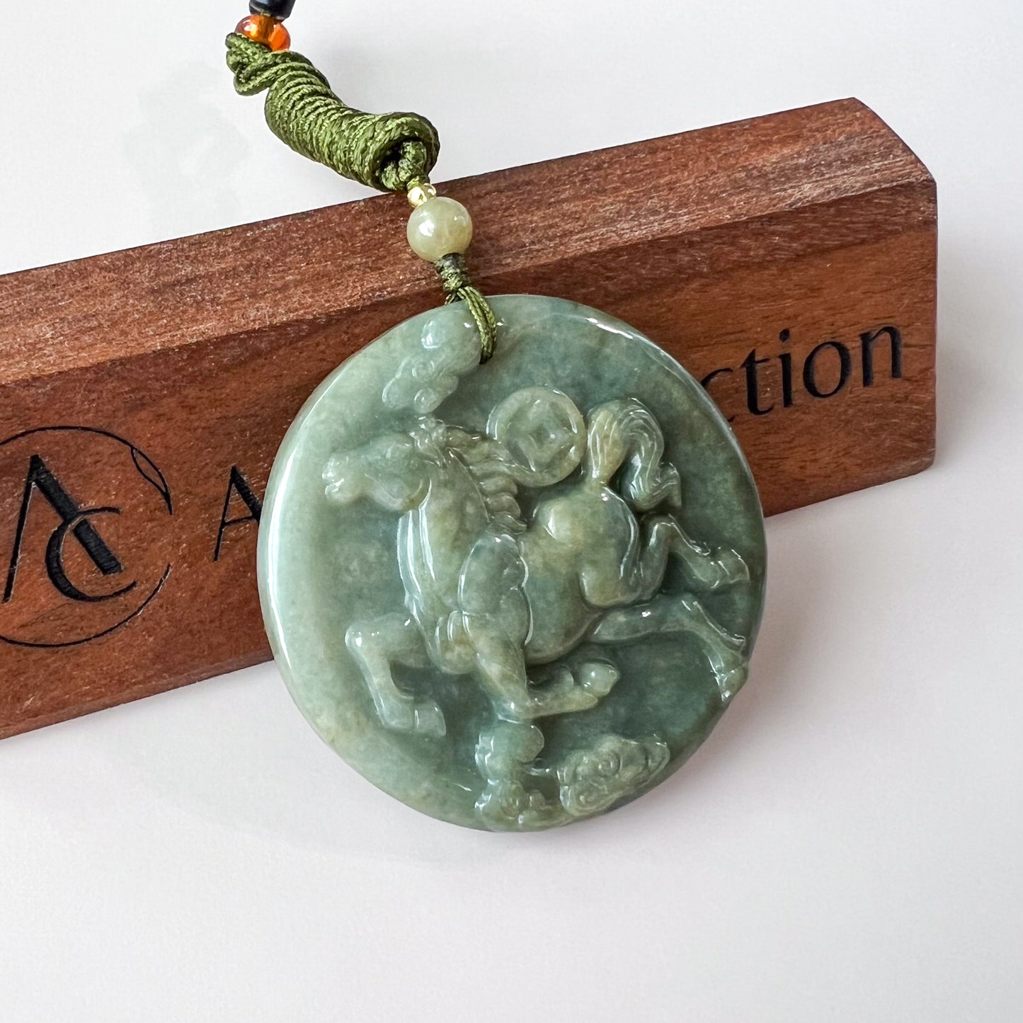 Green Horse Jade Jadeite Chinese Zodiac Carved Pendant Necklace, YJ-0322-0319663