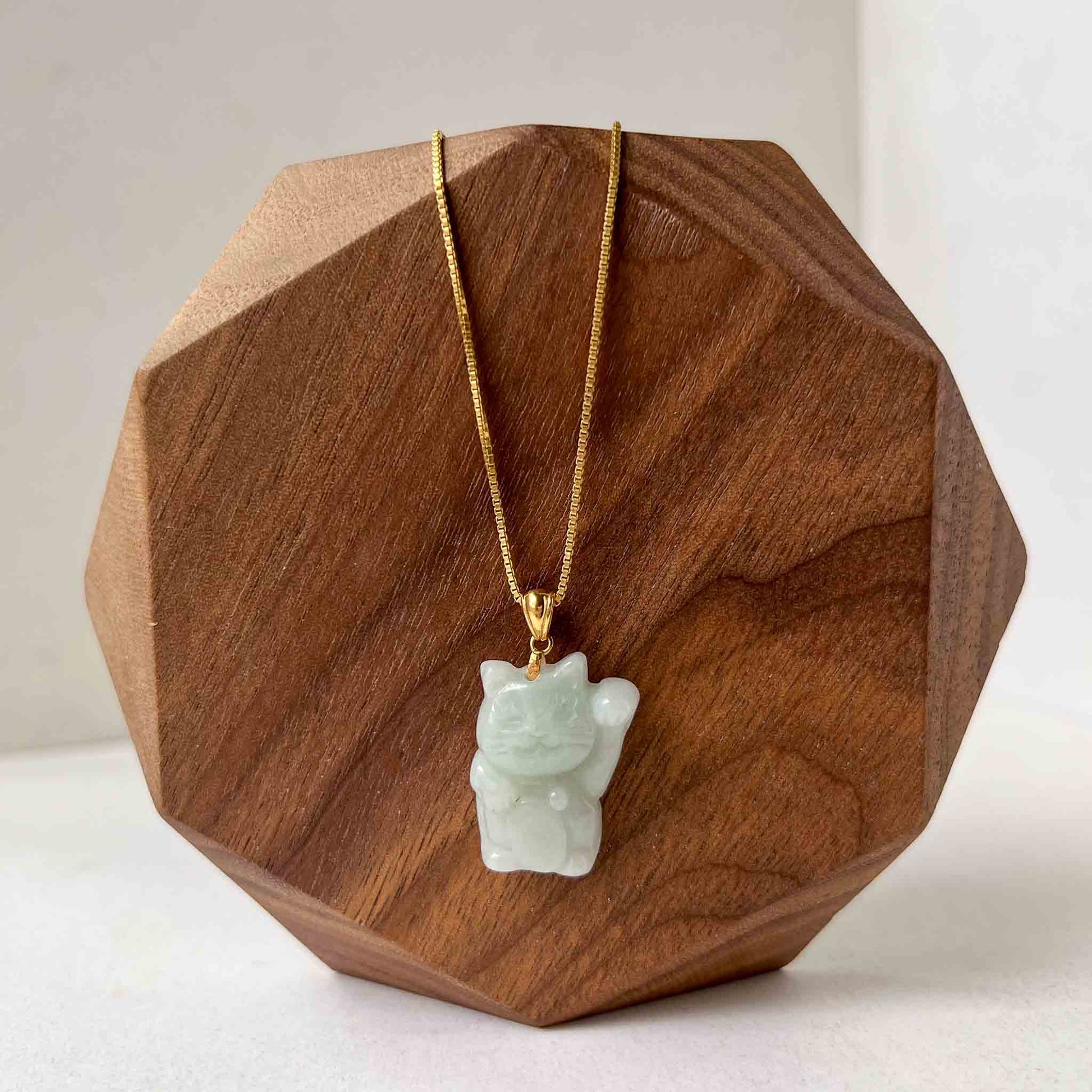 Jadeite Jade Fortune Money Cat 18K Gold Bail, Maneki-neko, Maneki Cat, Light Green Jade Pendant, SHWQ-0423-1682278304