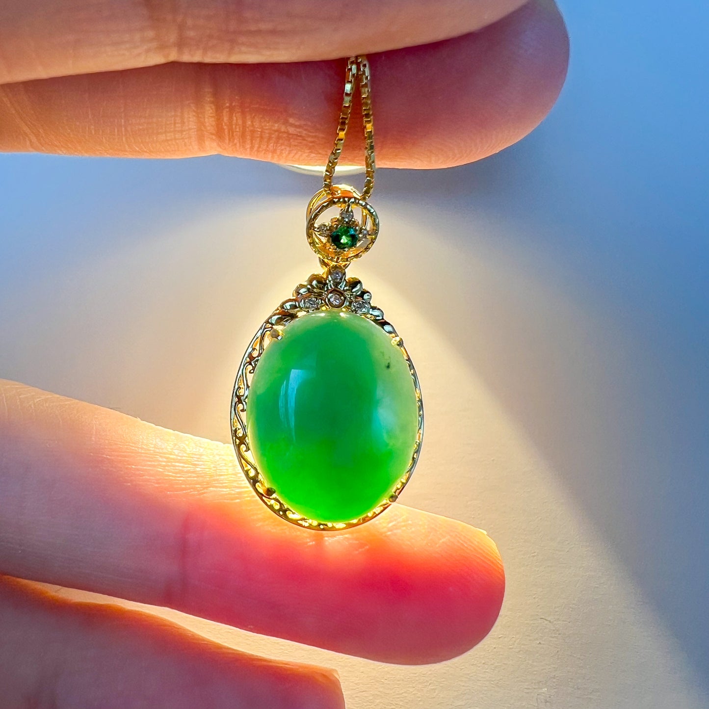 Green Serenity Jade Pendant with 18K Solid Gold, Jadeite Jade Cabochon Pendant, QY-0921-1749838676