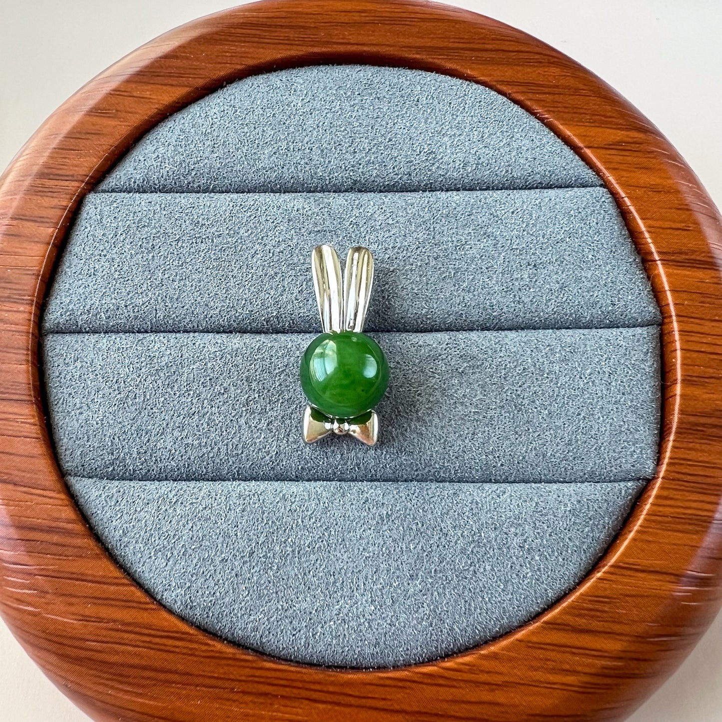 Aria Collection green nephrite jade rabbit pendant with sterling silver bowtie, elegant whimsical style
