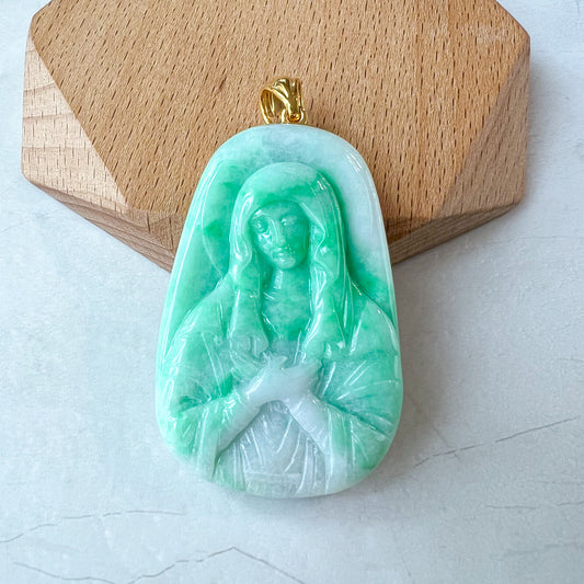 Jadeite Jade Virgin Mary Pendant with 18K Solid Gold Bail, Green Jade Hand Carved Pendant, QT-0223-1722135125