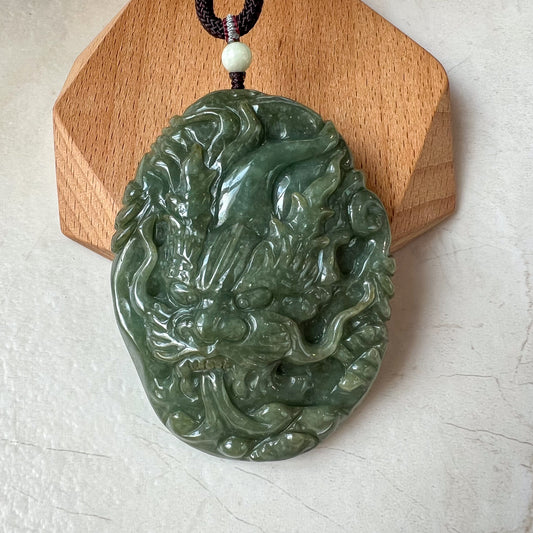 Very Large Jadeite Jade Dragon Chinese Zodiac Hand Carved Pendant Necklace, YJ-0321-0339631