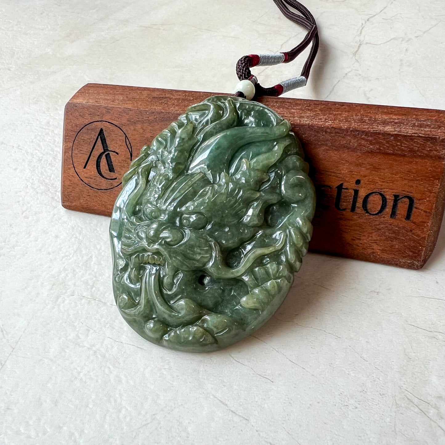 Very Large Jadeite Jade Dragon Chinese Zodiac Hand Carved Pendant Necklace, YJ-0321-0339631