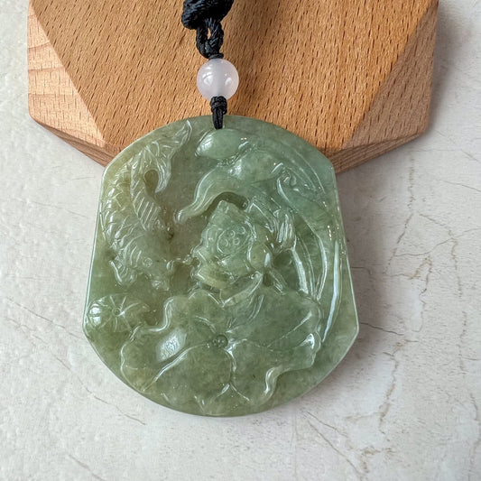 Serenity Koi and Lotus Pendant, Jadeite Jade Koi Fish Chinese Carved Pendant, Koi Fish Pendant, RLXE-0321-0001020