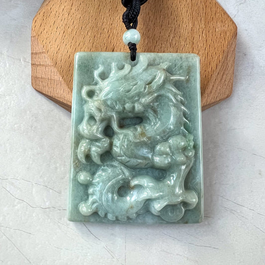 Large Jadeite Jade Dragon Chinese Zodiac Hand Carved Pendant Necklace, YJ-0321-0326620-1