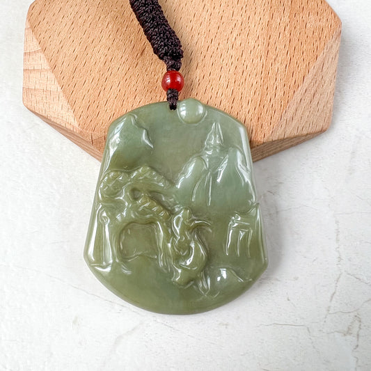 Jadeite Jade Landscape Mountain Forest River Scenery Hand Carved Pendant Necklace, YJ-0321-0441702