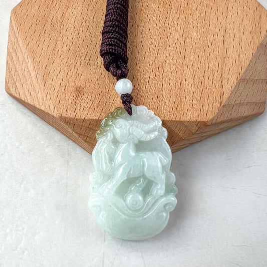 Jadeite Jade Sheep Goat Ram Chinese Zodiac Carved Pendant Necklace, YJ-0321-0328272-7