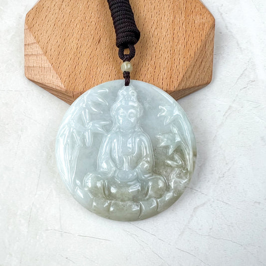 Large Jadeite Jade Guan Yin Avalokiteshvara Hand Carved Pendant Necklace, YJ-0321-0360492