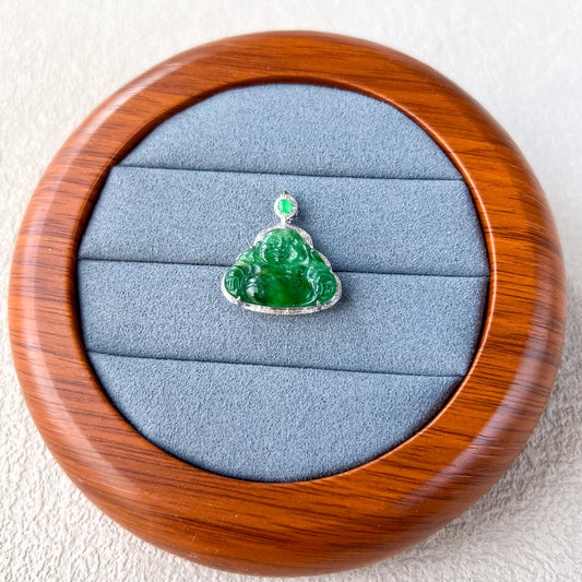 Small Green Happy Buddha, Jadeite Jade 18K White Gold Pendant, QY-0921-DFZB45529