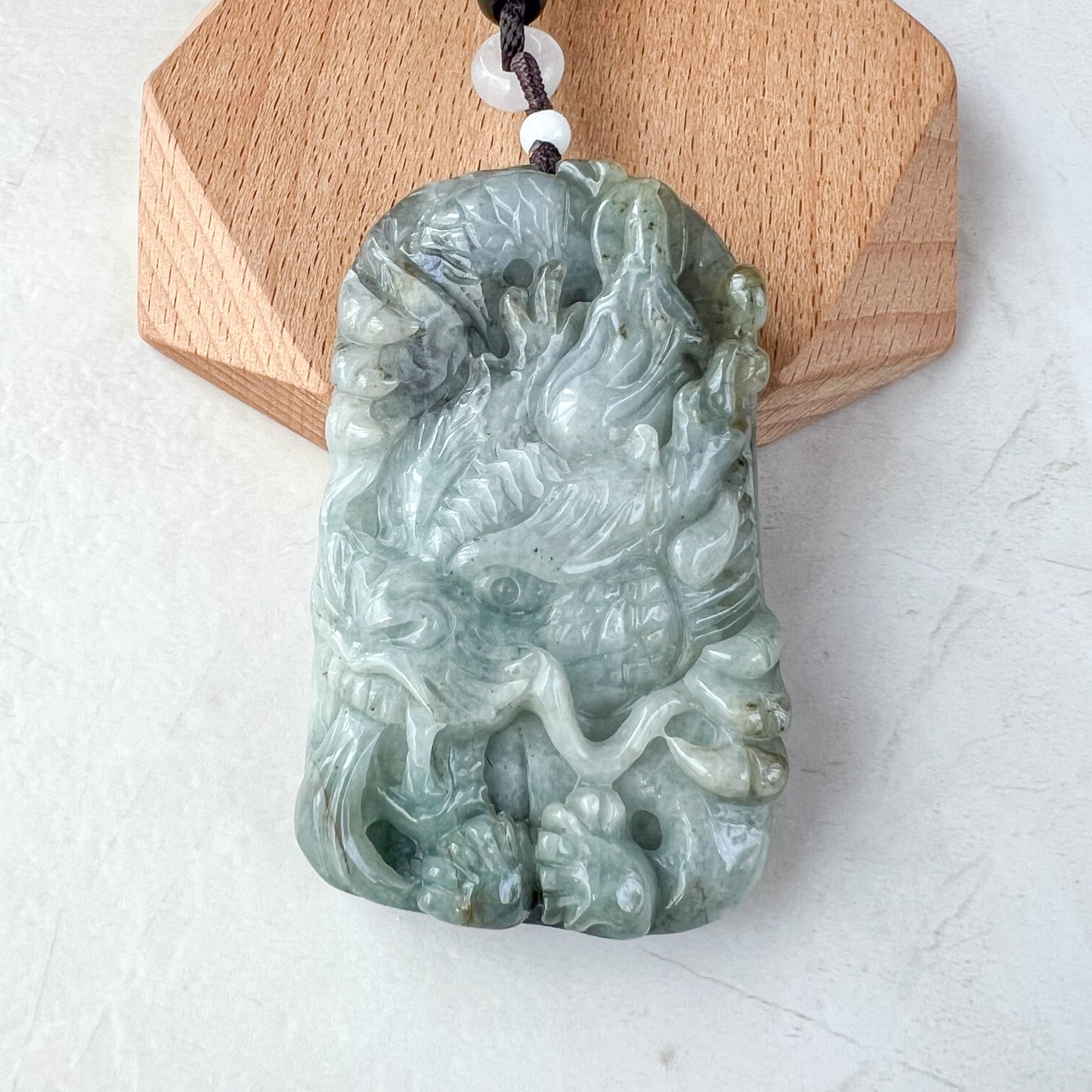 Large Jadeite Jade Fire Breathing Dragon Chinese Zodiac Hand Carved Pendant Necklace, YJ-0321-0323543