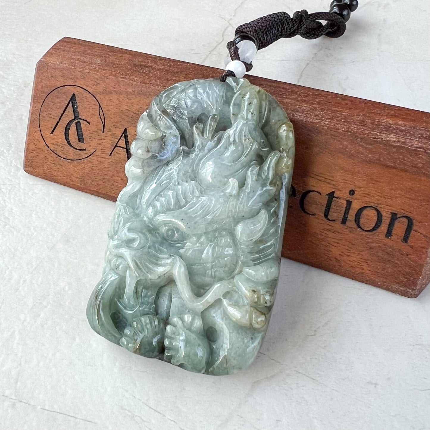 Large Jadeite Jade Fire Breathing Dragon Chinese Zodiac Hand Carved Pendant Necklace, YJ-0321-0323543