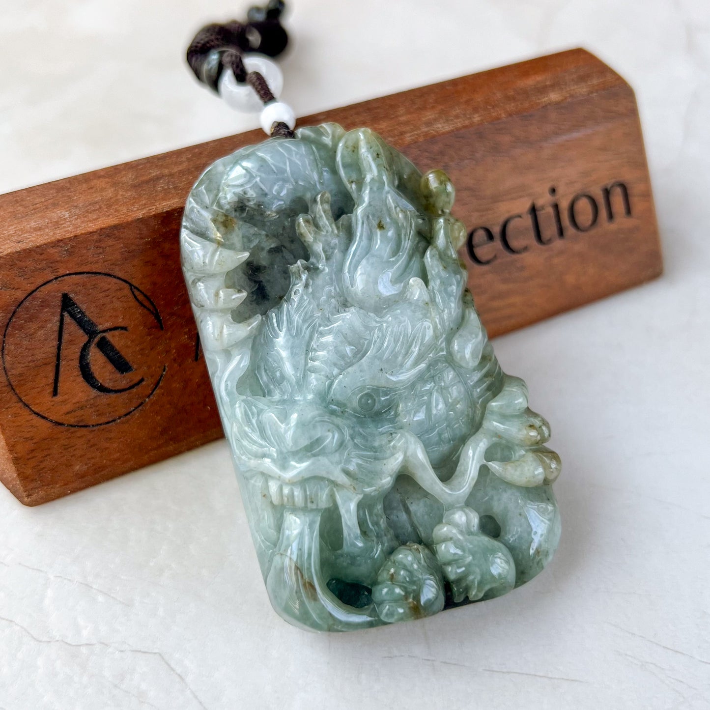 Large Jadeite Jade Fire Breathing Dragon Chinese Zodiac Hand Carved Pendant Necklace, YJ-0321-0323543