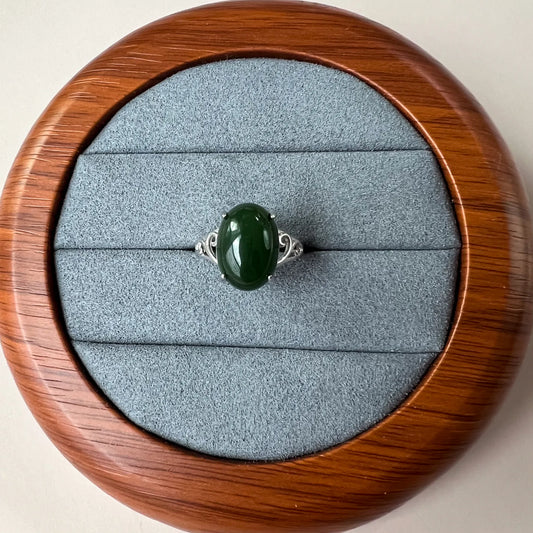 Aria Collection Natural Jade oval cabochon ring with glossy green polished finish