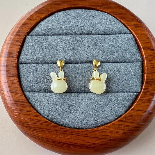 Aria Collection bunny rabbit nephrite jade stud earrings with gold-plated sterling silver bows, pale green, cute style