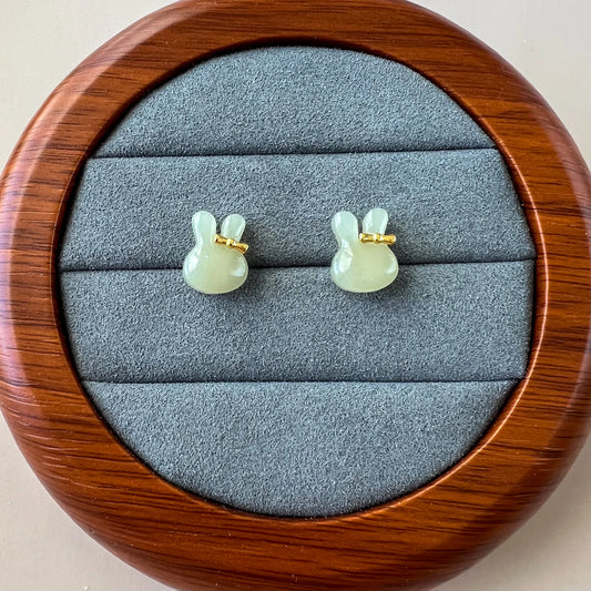Aria Collection light green Natural Jade bunny stud earrings with polished finish and gold-tone bows