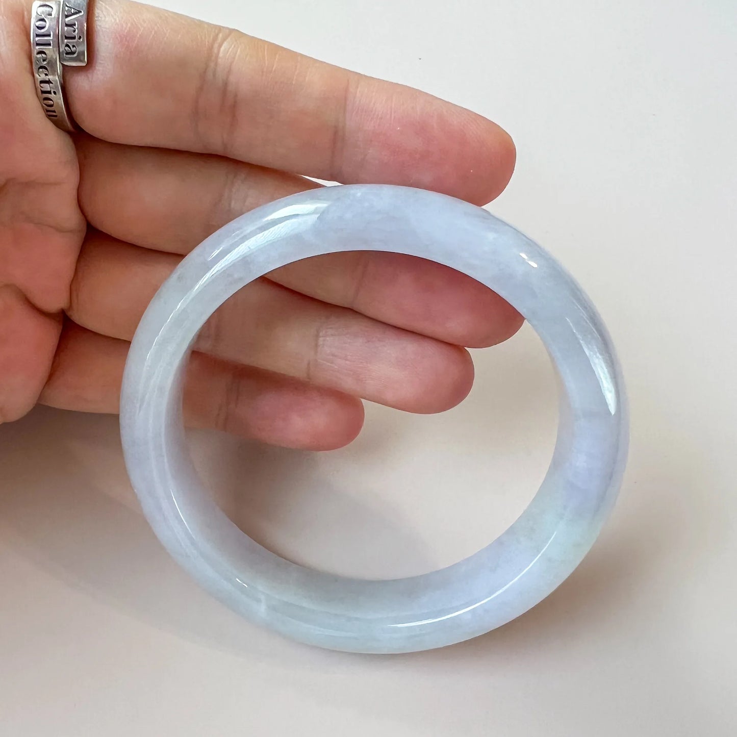 57.4 mm White Gray and Faint Lavender Burmese Type A Jadeite Jade Classic Bangle