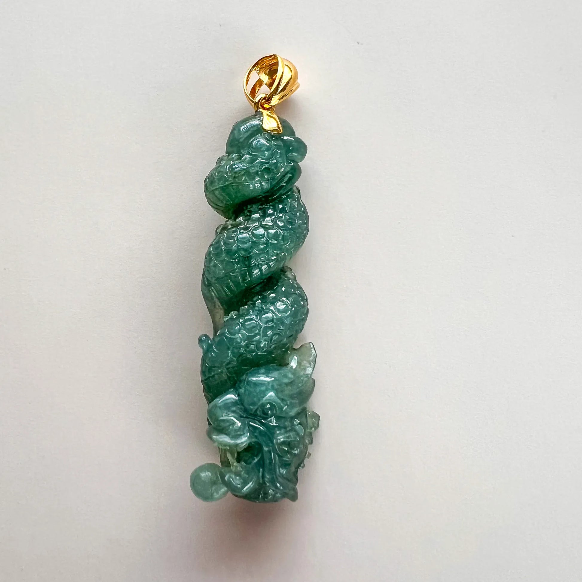 Aria Design Collection green natural jade dragon pillar pendant with detailed carving and polished finish
