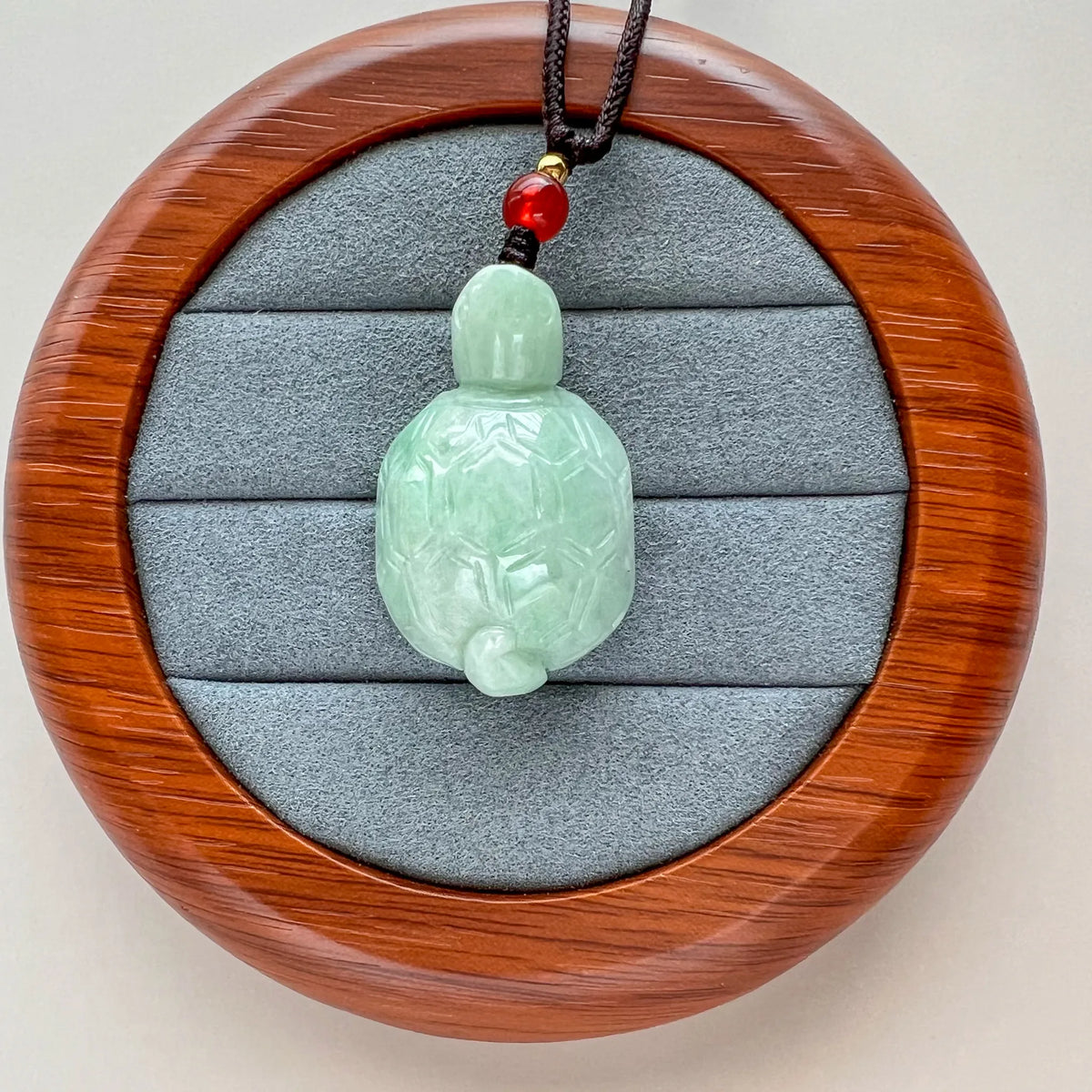 Front view of jade turtle pendant shown in a round wooden display case