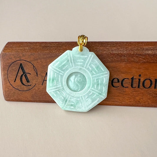 Aria Collection light green Natural Jade Ba Gua Yin Yang pendant with polished octagonal carving