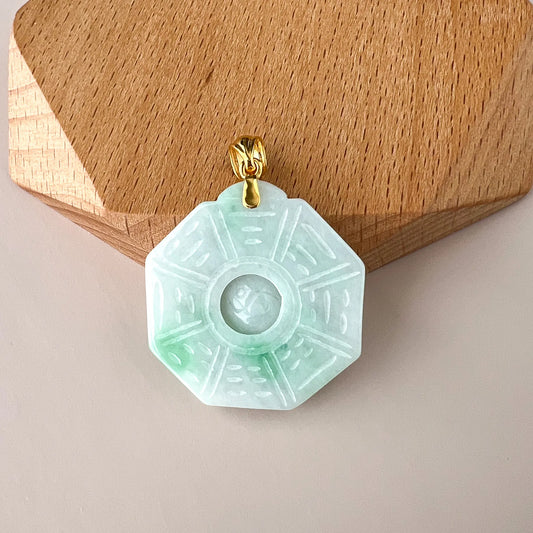 Aria Collection light green Natural Jade Ba Gua Yin Yang pendant with polished carved finish