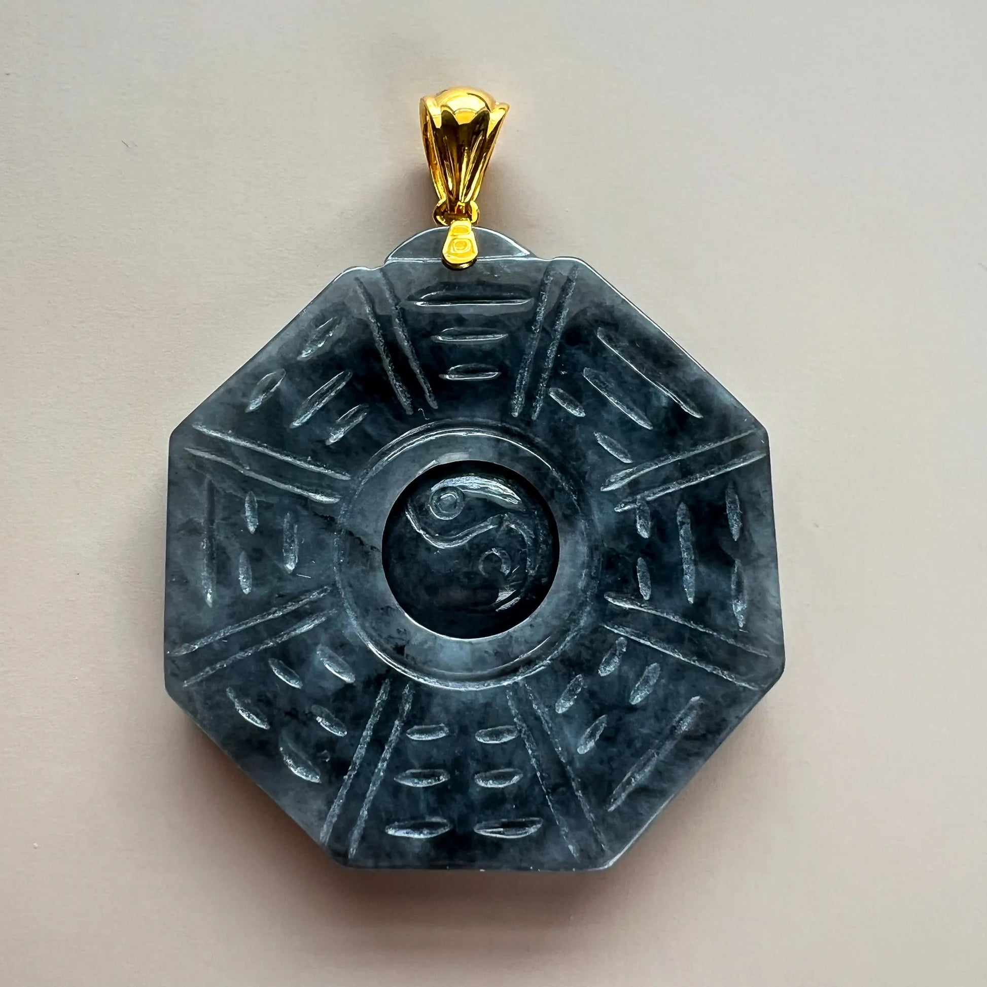 Aria Design Collection dark gray natural jade Ba Gua Yin Yang pendant with polished carved finish