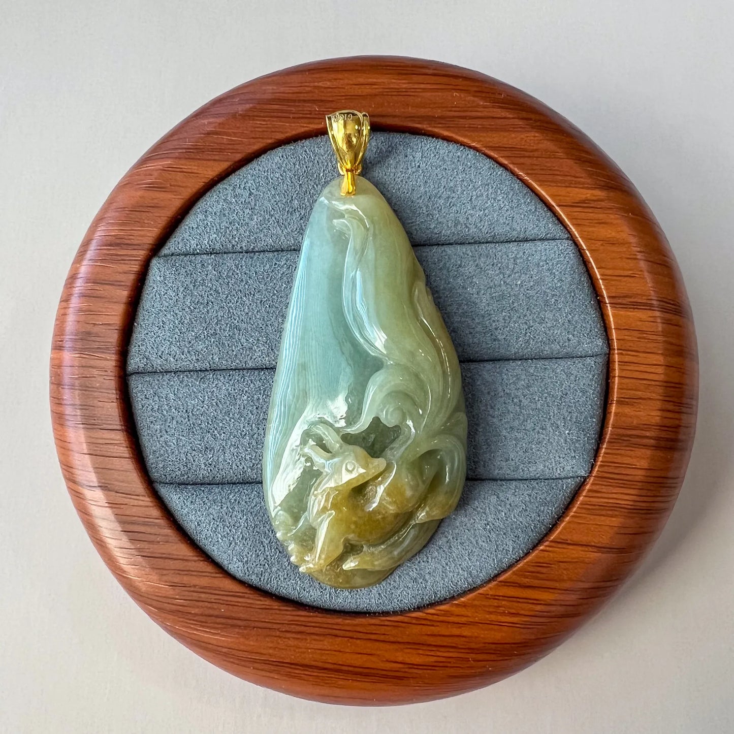 Aria Collection natural jade dragon pendant in light green and yellow tones with glossy carved finish