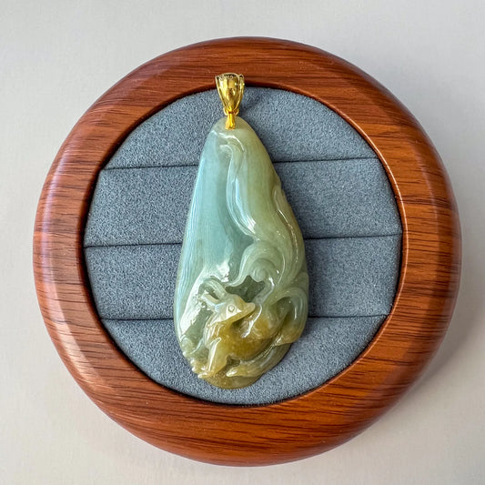 Aria Collection natural jade dragon pendant in light green and yellow tones with glossy carved finish