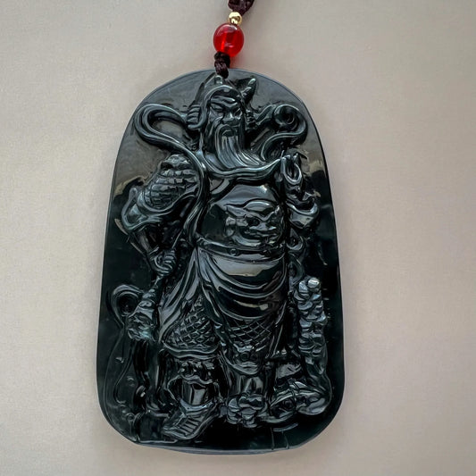 Aria Design Collection dark green natural jade Guan Gong relief pendant with glossy finish