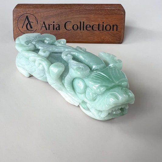 Aria Collection light green Jadeite Jade dragon carving with glossy polished finish
