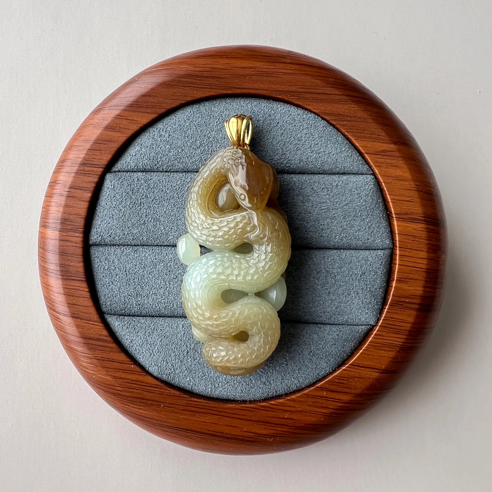 Front view of jade snake pendant in round presentation box, glossy carved stone and gold bail