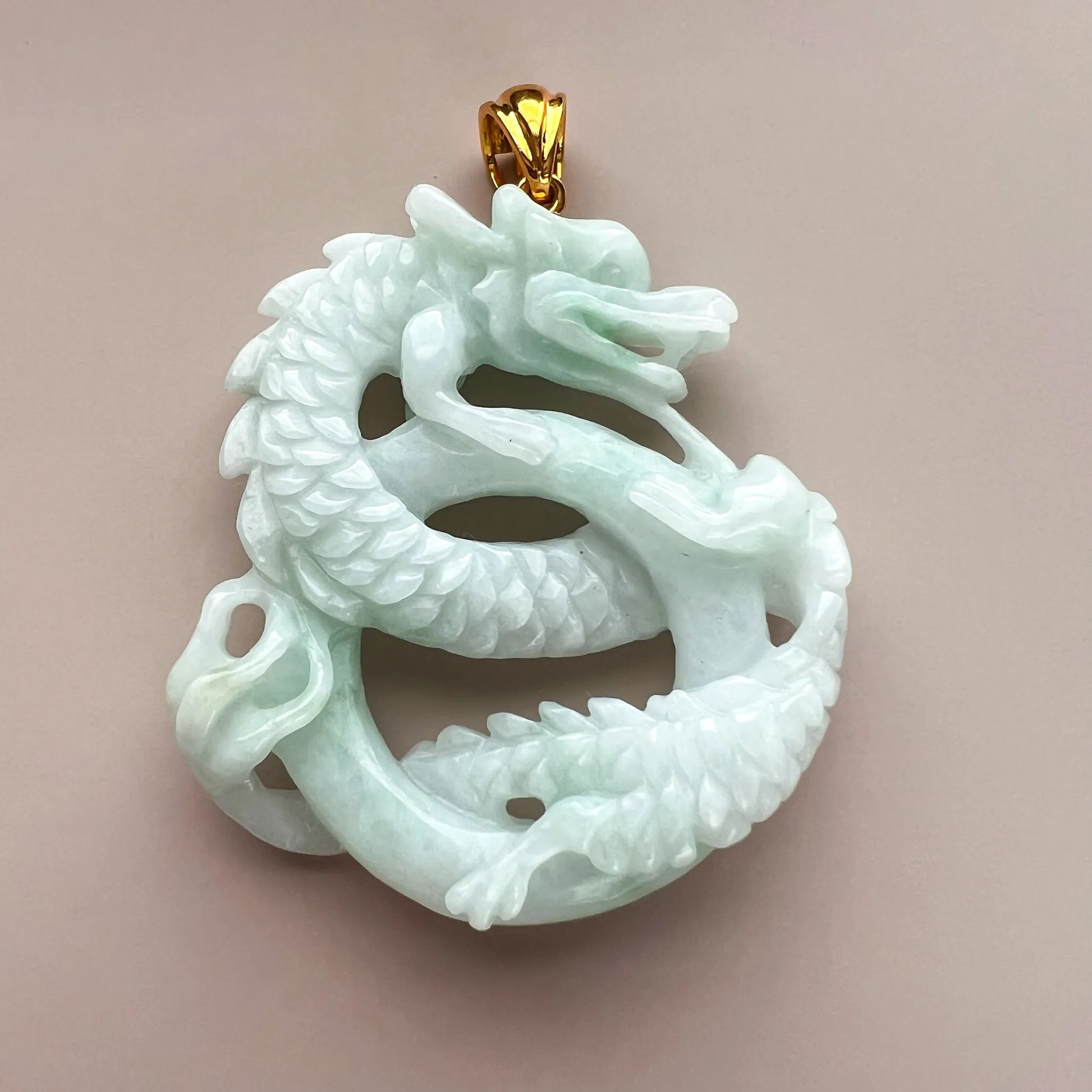 Aria Design Collection pale green natural jade double dragon pendant with polished openwork carving