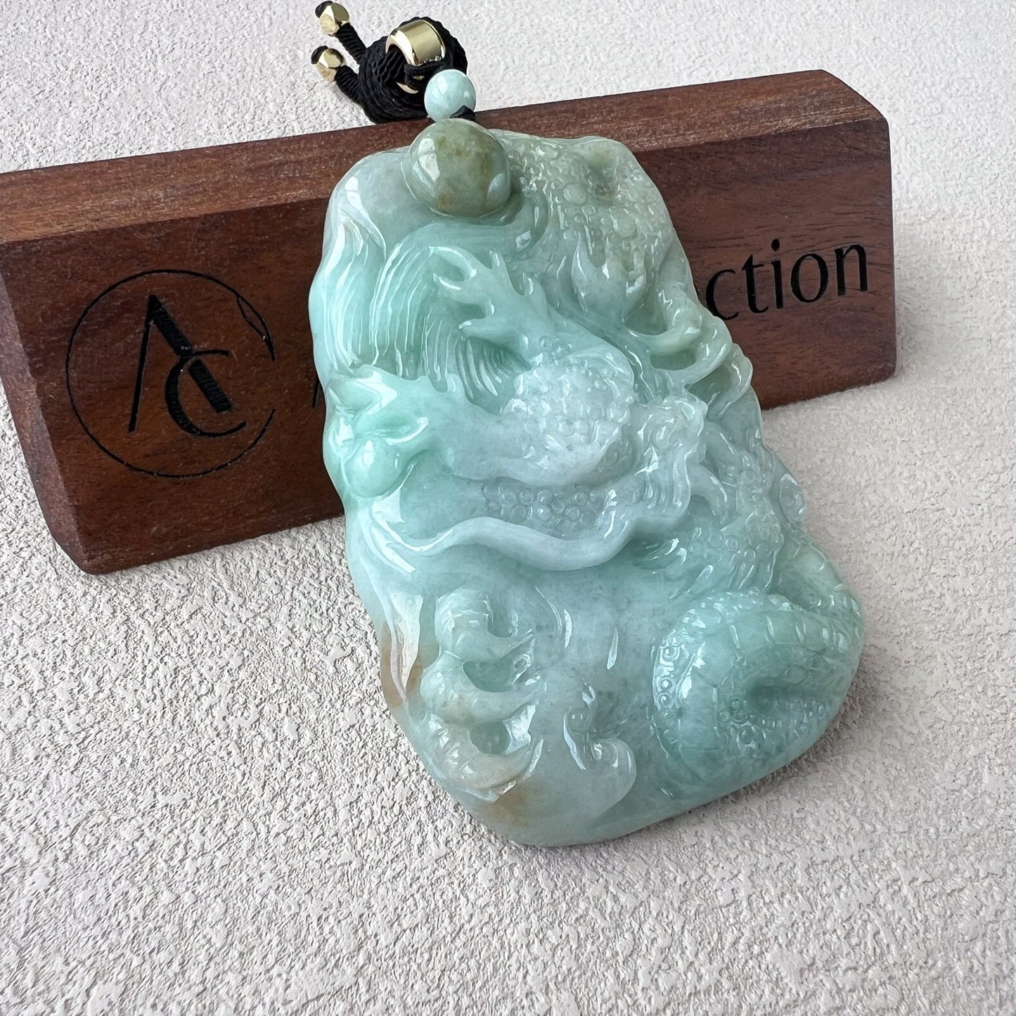Celestial Dragon Jade Orb Pendant, Green Jadeite Jade Dragon Hand Carved Pendant, YJ-0522-0395642
